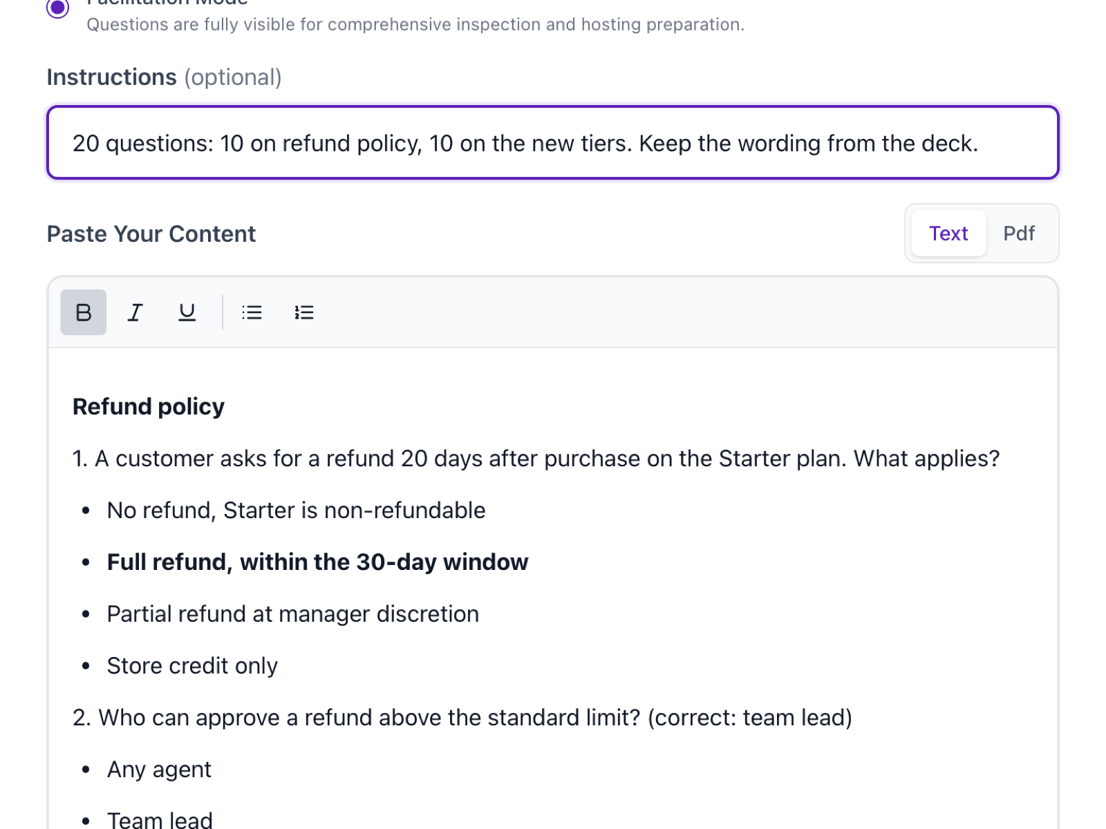 The import screen: paste questions as written or upload a PDF and pick pages, then generate the quiz.